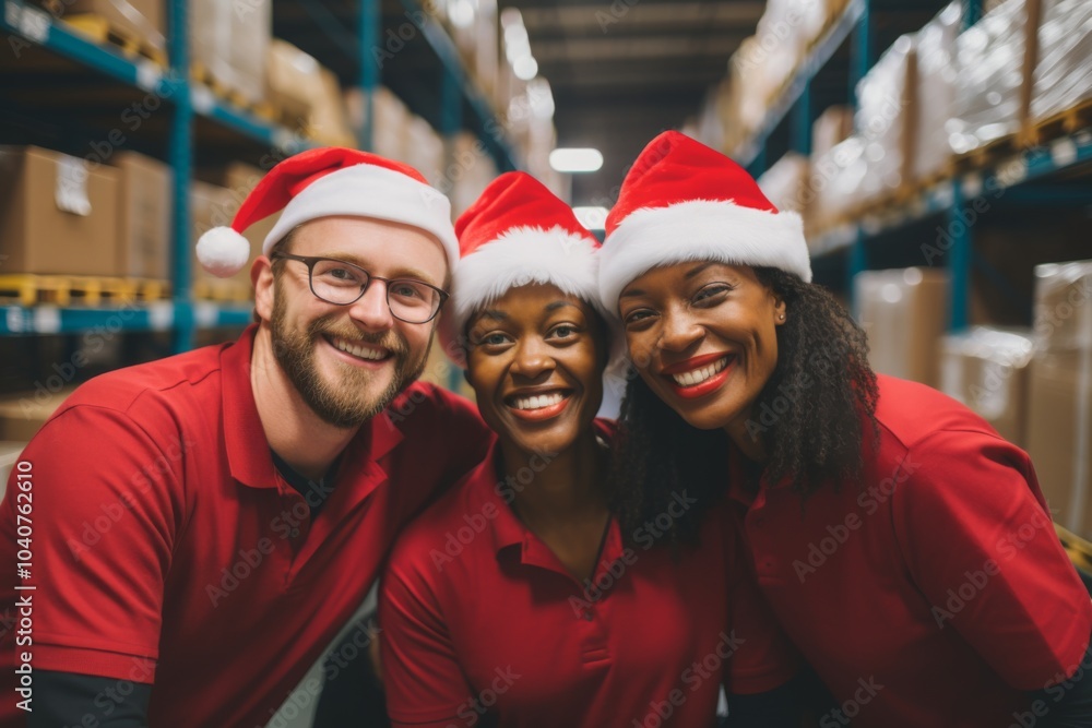 Portrait of diverse warehouse workers in santa hats Portrait of diverse warehouse workers in santa hats
