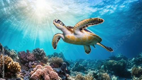 Graceful Turtle Swimming in Vibrant Coral Reef photo