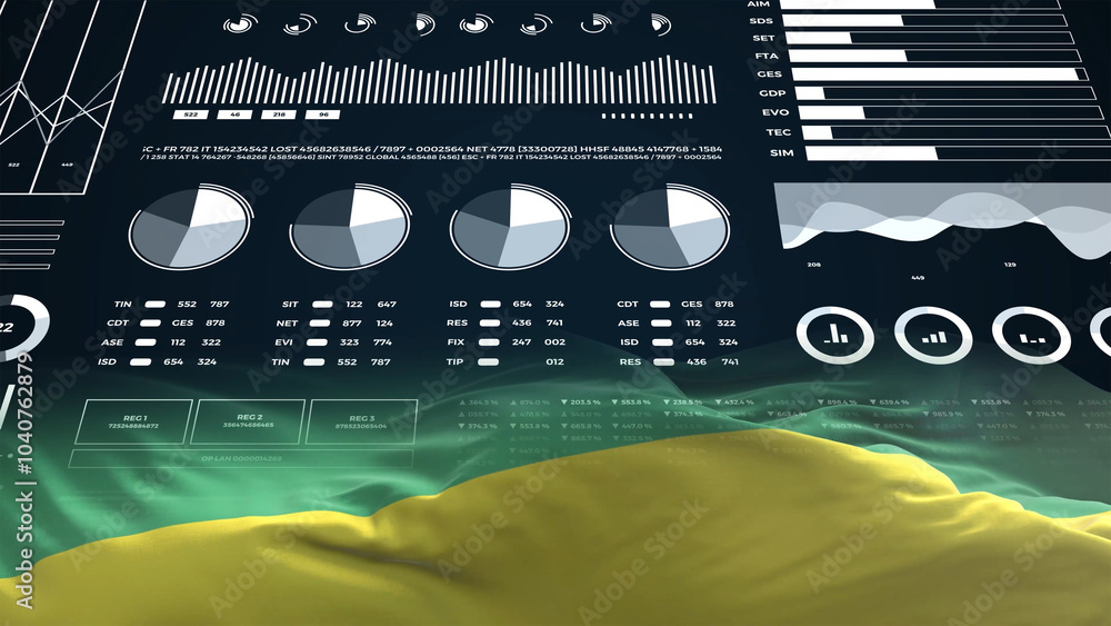 Gabon flag - Waving flag on report analytics data statement Gabon flag - Waving flag on report analytics data statement