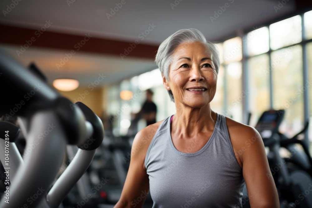 Portrait of a senior Asian woman on treadmill in gym Portrait of a senior Asian woman on treadmill in gym
