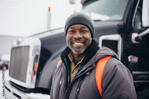 Portrait of a middle aged male truck driver in front of truck during winter