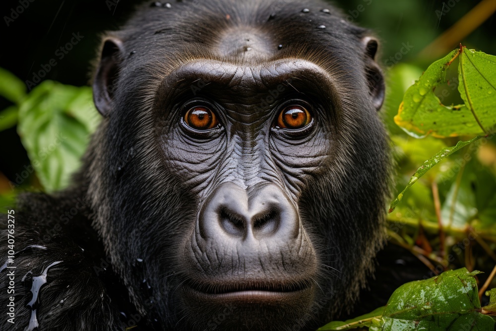 Obraz premium A close-up of a gorillas face, with water droplets on its fur, staring directly at the camera. The gorilla is in the jungle, surrounded by green vegetation.