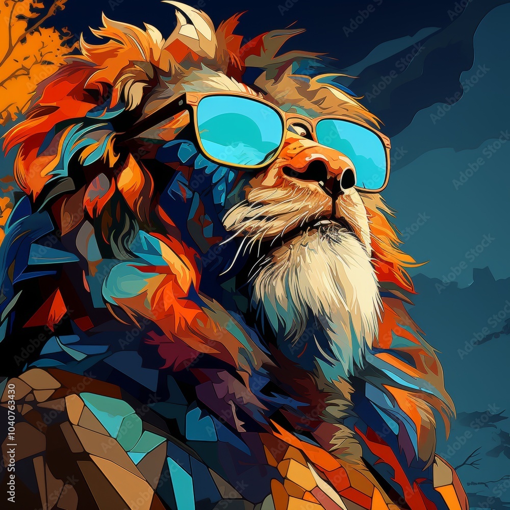 This is a digital illustration of a lion wearing blue sunglasses. The ...