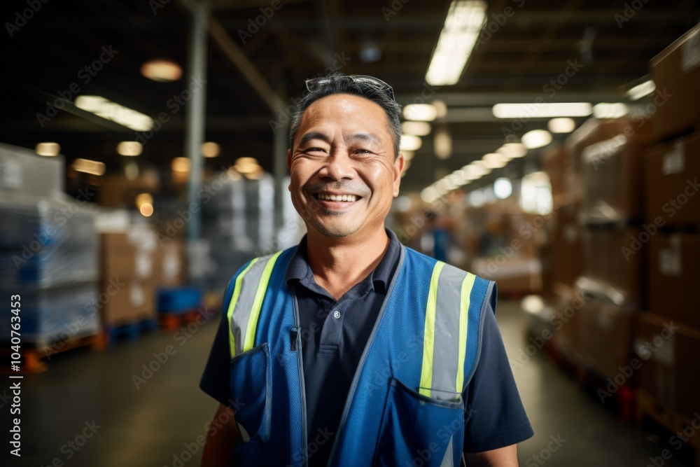 Portrait of a joyful middle aged Asian male warehouse worker Portrait of a joyful middle aged Asian male warehouse worker