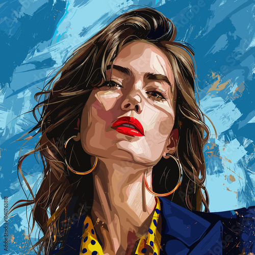 A woman with red lipstick and gold hoop earrings is the main subject of the image. The painting style is impressionistic, with a focus on the woman's face and features. Scene is one of confidence