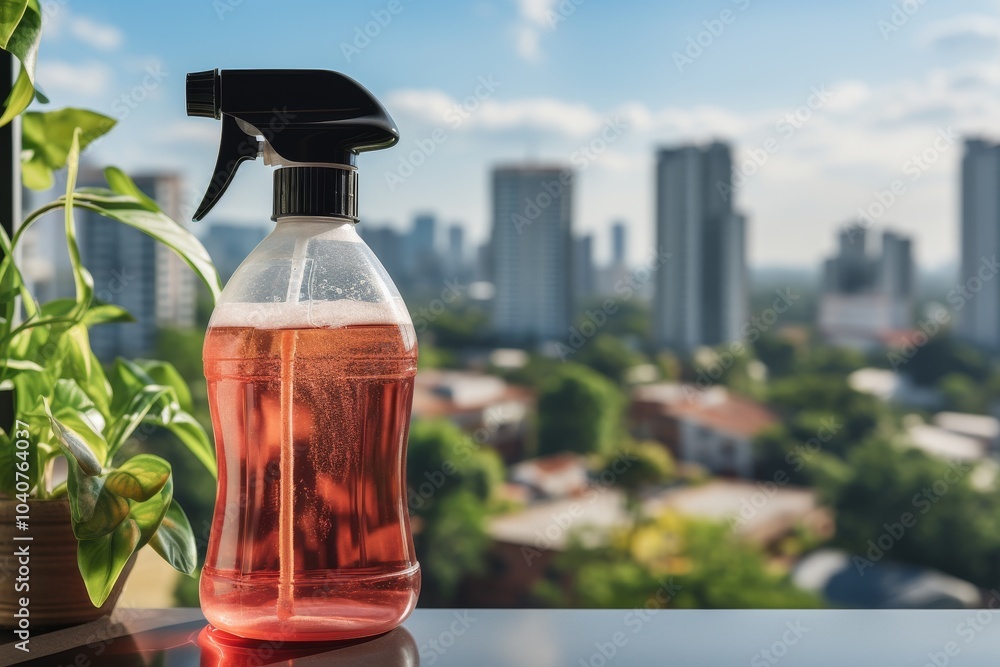 A transparent plastic spray bottle with a black nozzle is three-quarters full of a pink liquid. It sits on a table in front of house plants with a view of a city skyline in the background. A transparent plastic spray bottle with a black nozzle is three-quarters full of a pink liquid. It sits on a table in front of house plants with a view of a city skyline in the background.