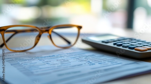 Calculator, Eyeglasses and Document on a Table