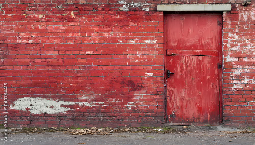 Naklejka premium Red Brick Wall with Weathered Red Door, Urban Decay Texture and Rustic Exterior
