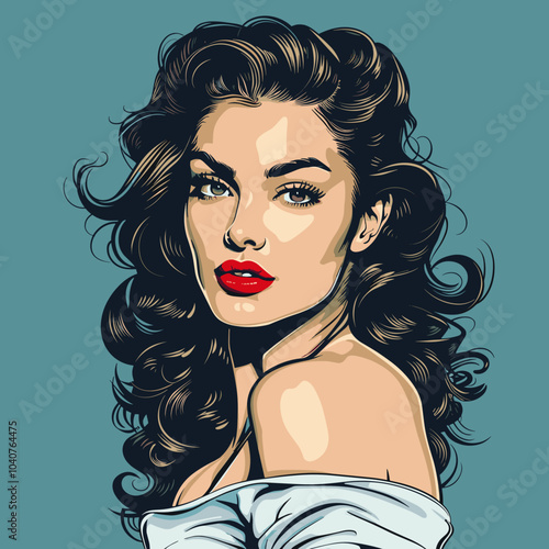 A woman with long red hair and a red lipstick is the main subject of the image. The woman is wearing a white shirt and is posing for the camera. The image has a vintage feel to it