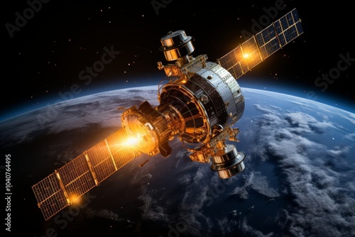 A state-of-the-art communication satellite with large solar panels orbiting the Earth in the vastness of space, demonstrating cutting-edge space technology on a sunny day.
