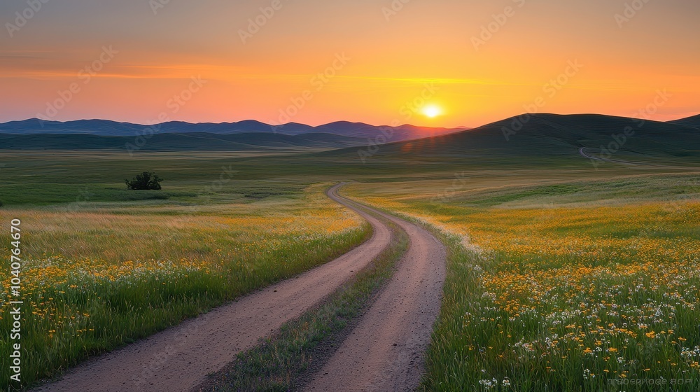 A serene countryside scene featuring a winding path leading towards a vibrant sunset over rolling hills and blooming wildflowers. A serene countryside scene featuring a winding path leading towards a vibrant sunset over rolling hills and blooming wildflowers.