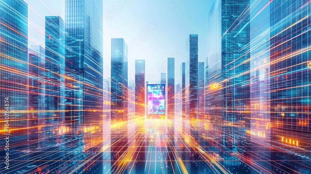 A high-tech metropolis of digital skyscrapers, neon data streams, and holographic ads in a clean, minimalistic atmosphere. A high-tech metropolis of digital skyscrapers, neon data streams, and holographic ads in a clean, minimalistic atmosphere.