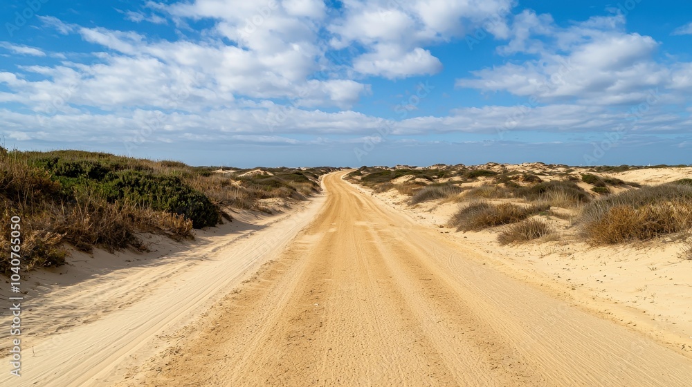 A sandy path stretches through coastal vegetation under a blue sky with fluffy clouds, leading toward the serene beach landscape. A sandy path stretches through coastal vegetation under a blue sky with fluffy clouds, leading toward the serene beach landscape.