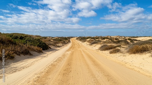 A sandy path stretches through coastal vegetation under a blue sky with fluffy clouds, leading toward the serene beach landscape.