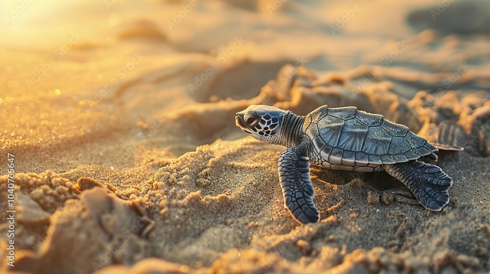 Obraz premium A Baby Sea Turtle Makes Its Way to the Ocean at Sunset