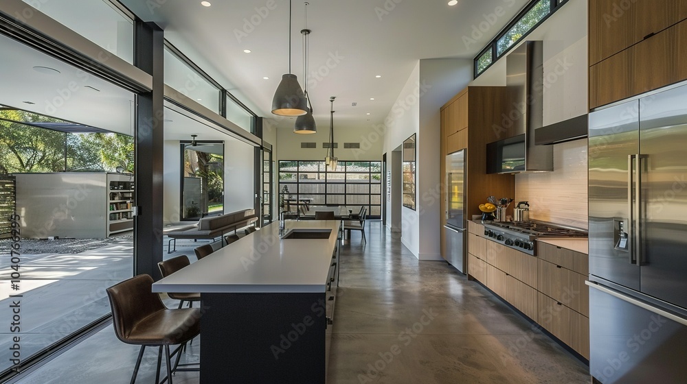 Fototapeta premium Modern Kitchen with Island, Stainless Steel Appliances, and Large Windows