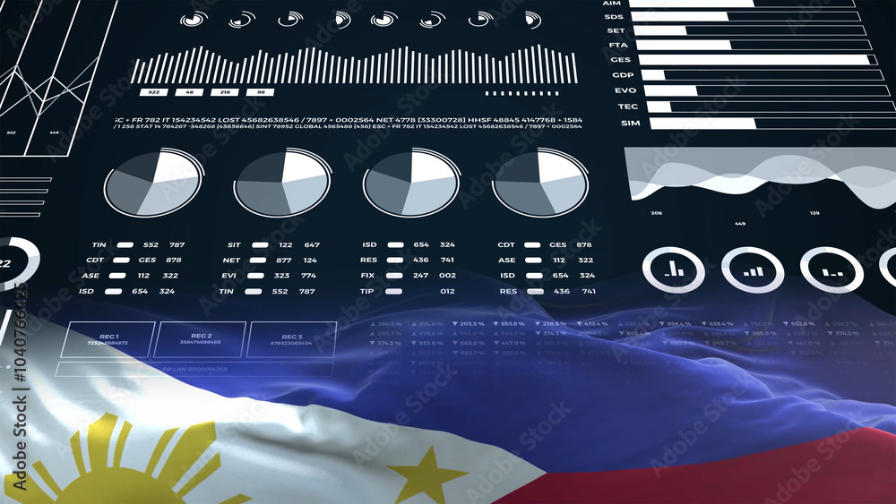 Philippines flag - Waving flag on report analytics data statement Philippines flag - Waving flag on report analytics data statement