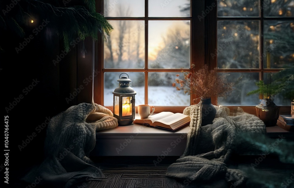 Cozy window seat with a lantern, book, and blankets on a snowy winter day. Cozy window seat with a lantern, book, and blankets on a snowy winter day.