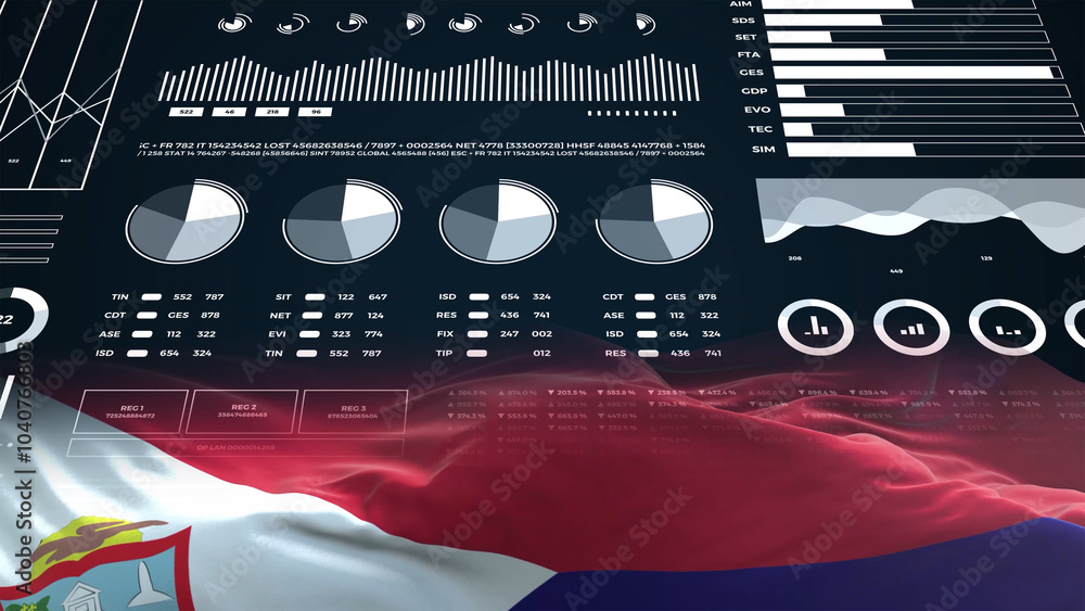 Saint Martin flag - Waving flag on report analytics data statement Saint Martin flag - Waving flag on report analytics data statement