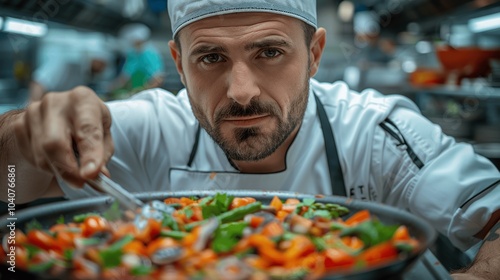 Male chef cooking vegetable dish in professional kitchen with team, focused on culinary excellence and teamwork, vibrant fresh ingredients