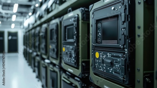Row of military communication equipment in a server room.