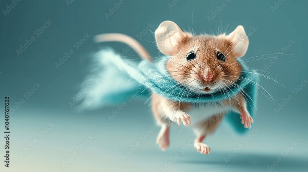 Adorable Flying Superhero Mouse in Mask and Cape on Blue Background Adorable Flying Superhero Mouse in Mask and Cape on Blue Background