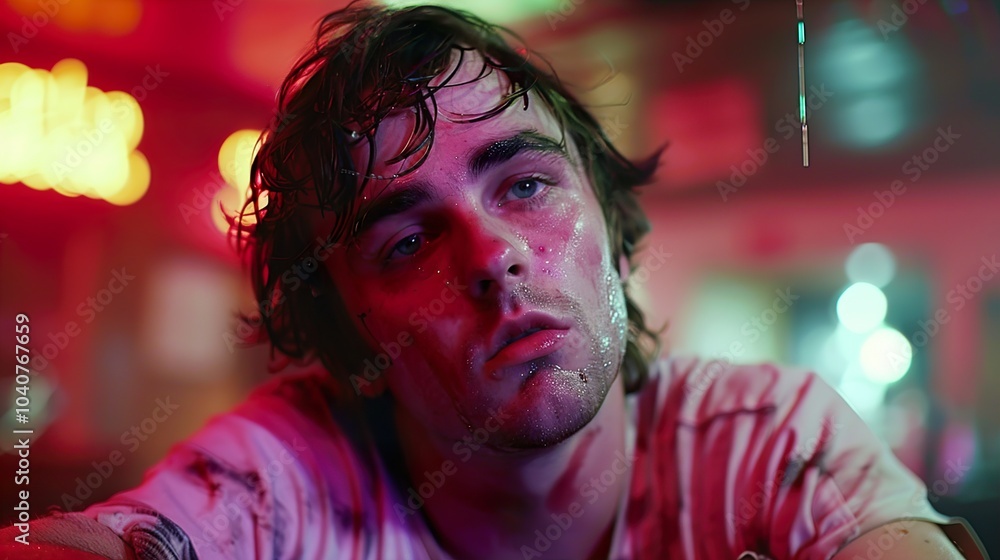 Close Up Portrait of a Young Man in a Neon Lit Bar Close Up Portrait of a Young Man in a Neon Lit Bar