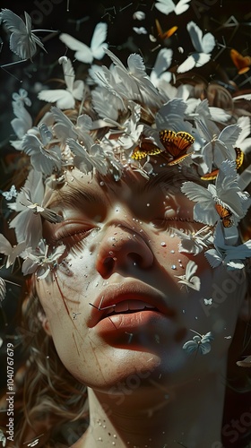 Woman's Face Covered in Butterflies: Surreal Digital Art