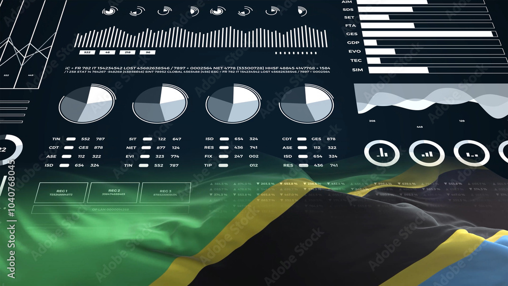 Tanzania flag - Waving flag on report analytics data statement Tanzania flag - Waving flag on report analytics data statement