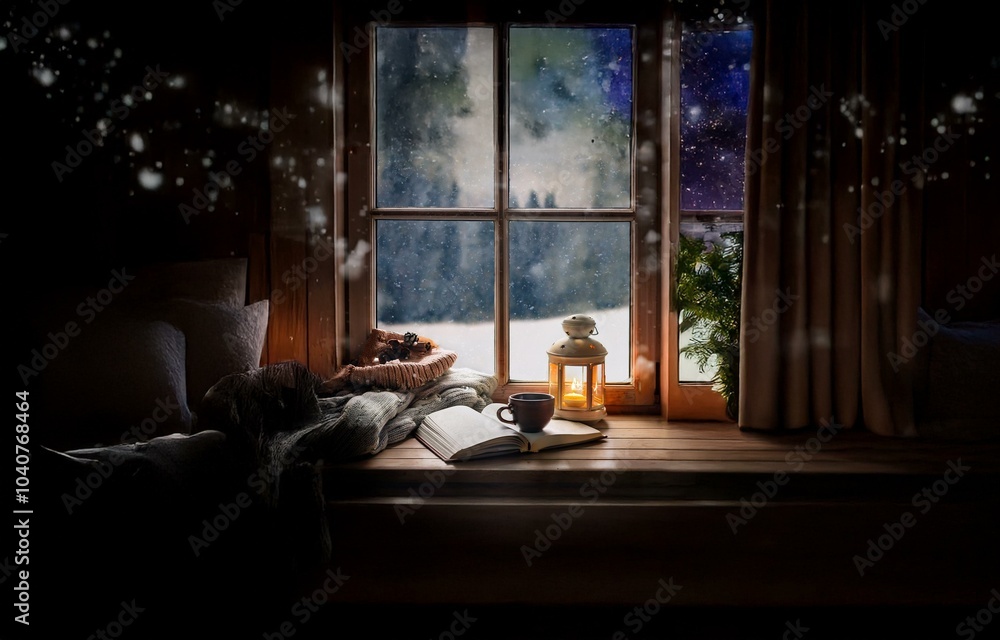 Cozy winter scene with a window view of falling snow, a lit lantern, a book, and a mug on a wooden window sill. Cozy winter scene with a window view of falling snow, a lit lantern, a book, and a mug on a wooden window sill.