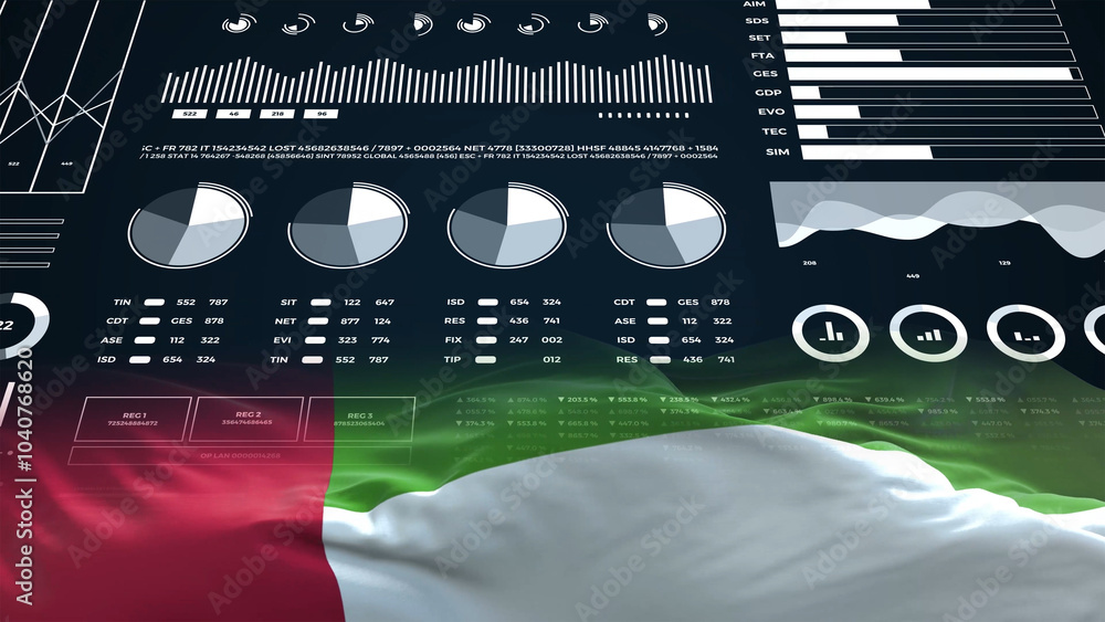 United Arab Emirates flag - Waving flag on report analytics data statement United Arab Emirates flag - Waving flag on report analytics data statement