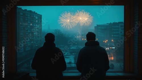 Couple Silhouetted Against Fireworks Display From Rooftop Window