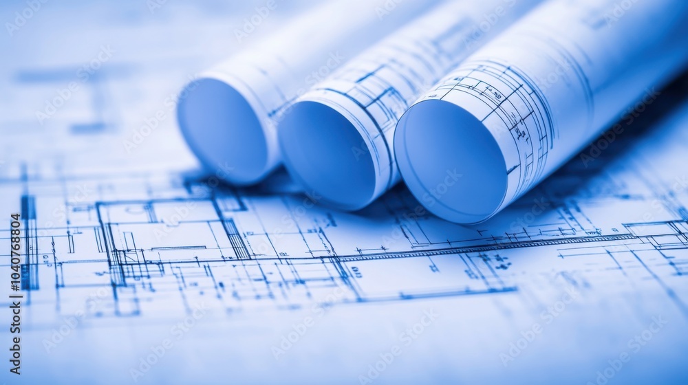 Architectural blueprints rolled on a design layout background. Architectural blueprints rolled on a design layout background.