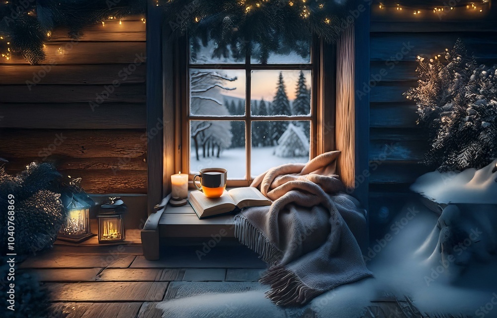 Fototapeta premium Cozy cabin with a window view of a snowy forest, a cup of tea, a book, and a warm blanket.