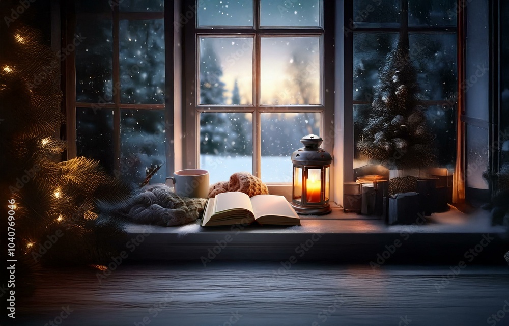 A snowy winter scene viewed from a windowsill, featuring a lit candle, an open book, a mug, and a blanket.