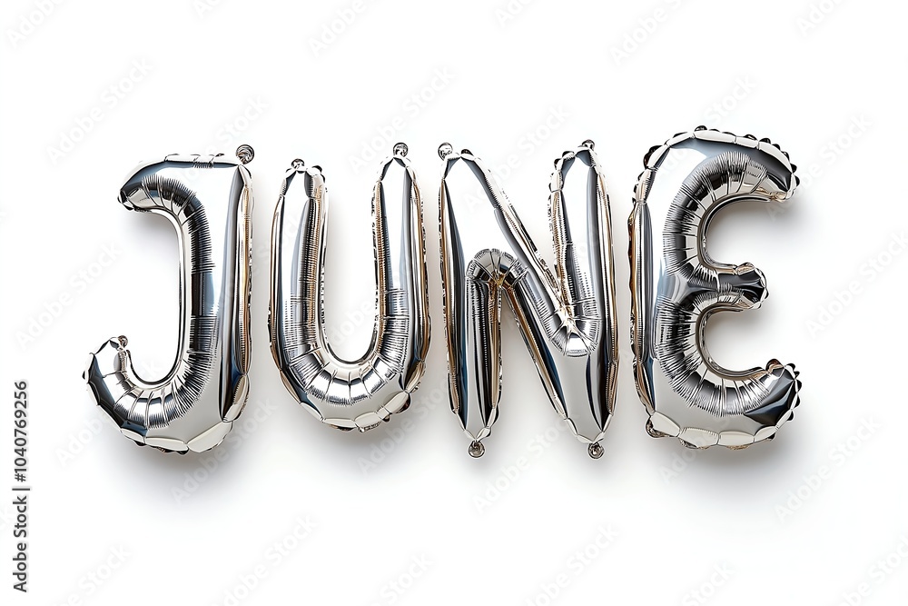 June Balloons in Silver Foil Isolated on a White Background, Party Balloons, Event Balloons, Advertising Text, English Alphabet Letters, Month, Calendar, Date June Balloons in Silver Foil Isolated on a White Background, Party Balloons, Event Balloons, Advertising Text, English Alphabet Letters, Month, Calendar, Date