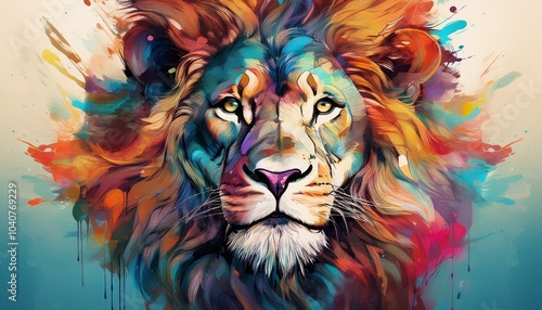 Abstract lion portrait with colorful double exposure paint photo