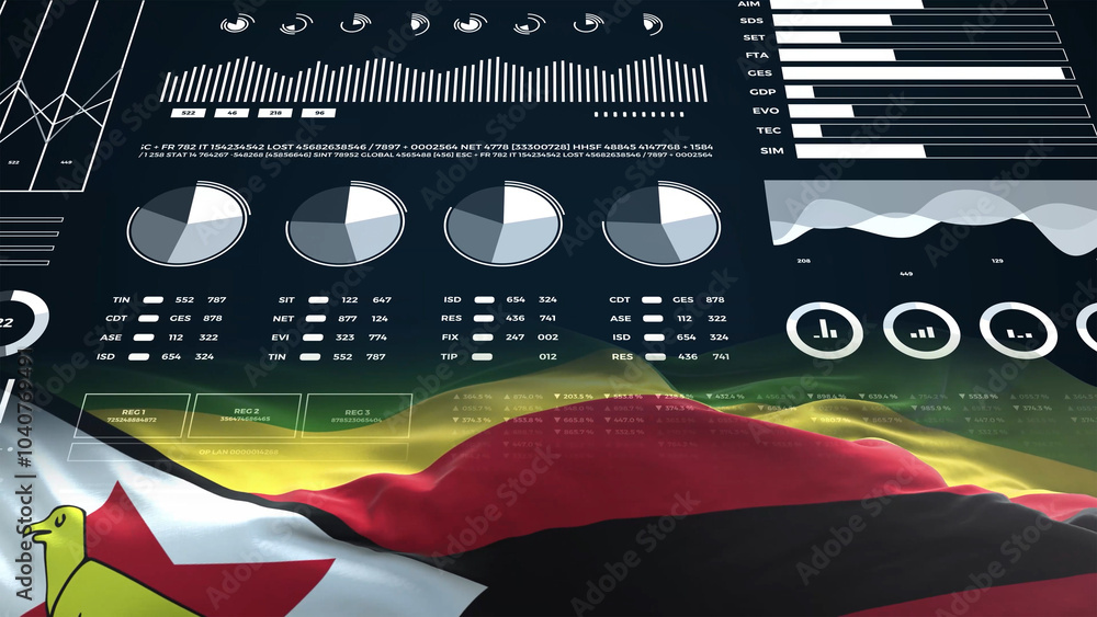 Zimbabwe flag - Waving flag on report analytics data statement Zimbabwe flag - Waving flag on report analytics data statement