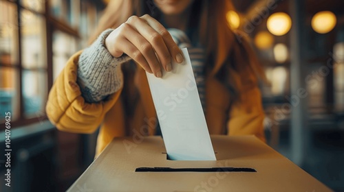 Close up of hand putting ballot in box for voting at meeting house, warm natural light, soft focus photo