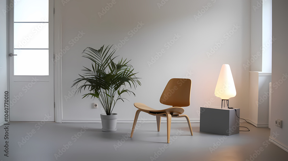 Fototapeta premium Modern minimalist interior featuring a wooden chair, potted plant, and stylish lamp against a light gray wall.