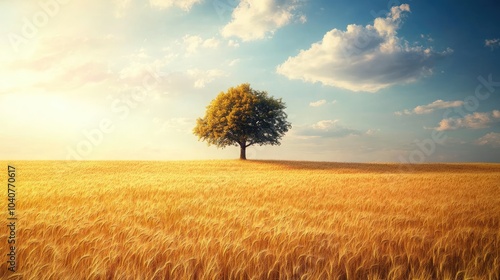 A solitary tree rising tall in a vast golden wheat field, bathed in sunlight, embodying strength and solitude