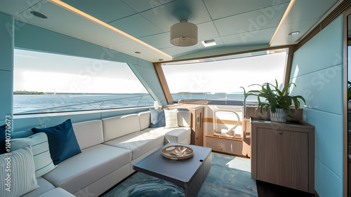 Modern yacht interior featuring spacious seating, large windows, and ocean views for a luxurious marine experience. photo