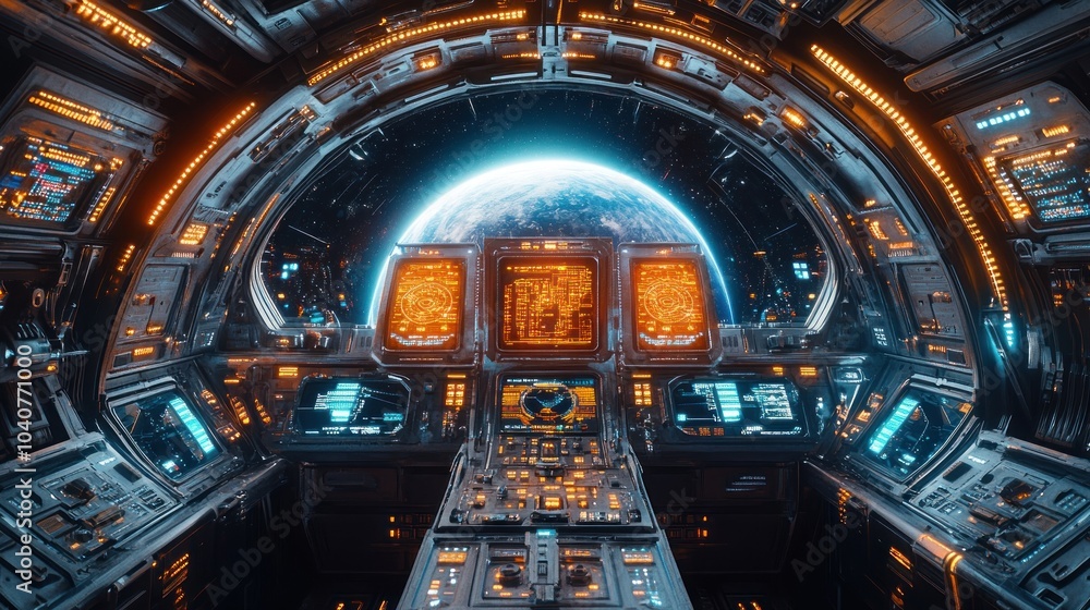 Fototapeta premium Futuristic spacecraft cockpit with Earth visible outside.