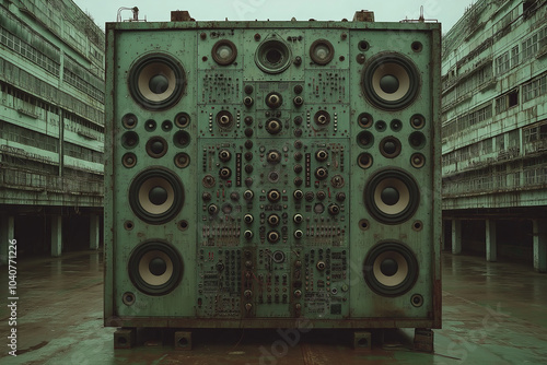 technical equipment, hughe vintage modular sythesizer with many speakers and powerful sound, industrial brutalist style, sound system, boxes, loudspeakers, photorealistic photo