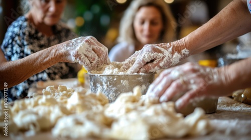 Family Baking Together Grandma Mom and Grandchild Kneading Dough