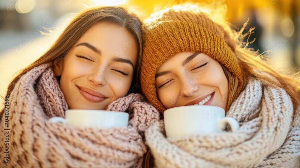 Happy Friends Enjoying Warm Drinks in Cozy Winter Outfit Happy Friends Enjoying Warm Drinks in Cozy Winter Outfit