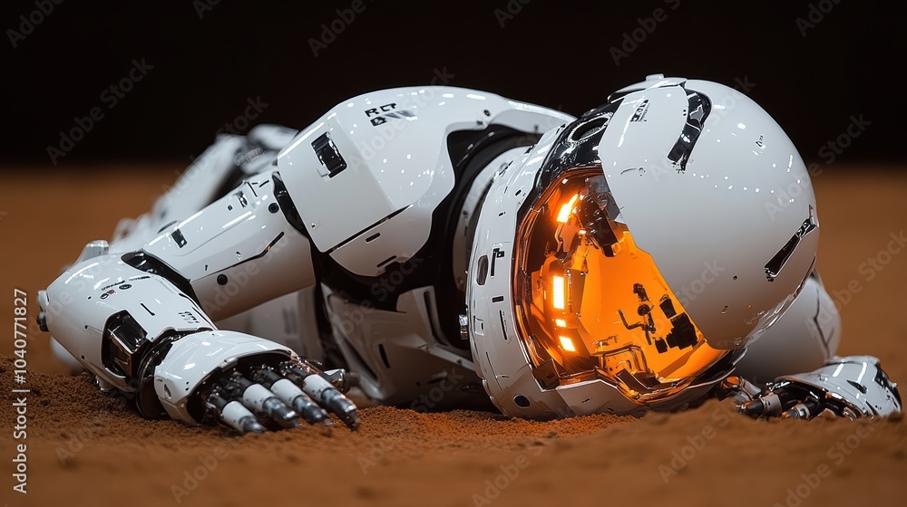Futuristic robot laying on Mars-like surface in white armor Futuristic robot laying on Mars-like surface in white armor