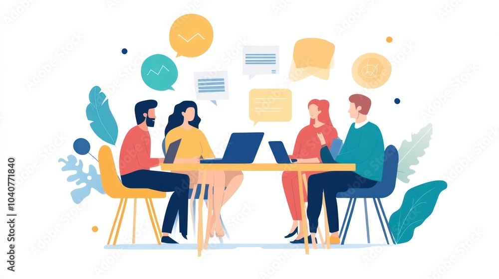 Four people sitting at a table, having a business meeting. They are discussing ideas and working on a project together. There are laptops, papers, and thought bubbles above their heads.