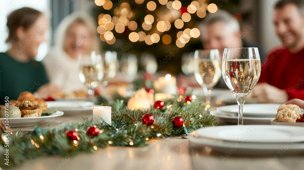 family sitting around holiday breakfast table, enjoying festive food and drinks, surrounded by beautifully decorated Christmas tree. atmosphere is warm and joyful family sitting around holiday breakfast table, enjoying festive food and drinks, surrounded by beautifully decorated Christmas tree. atmosphere is warm and joyful