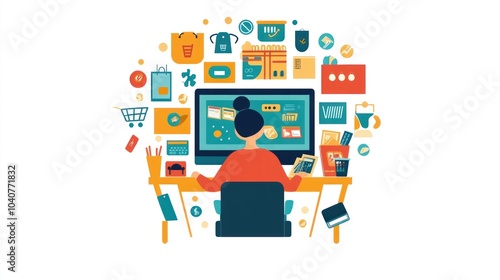 Woman at desk surrounded by shopping icons